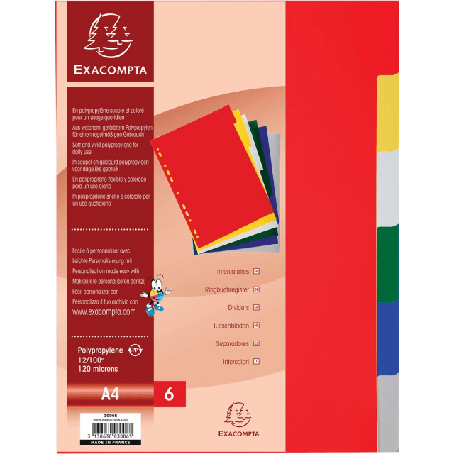 Dividers - Plastic Dividers Coloured A4 - (Exacompta) - By 12
