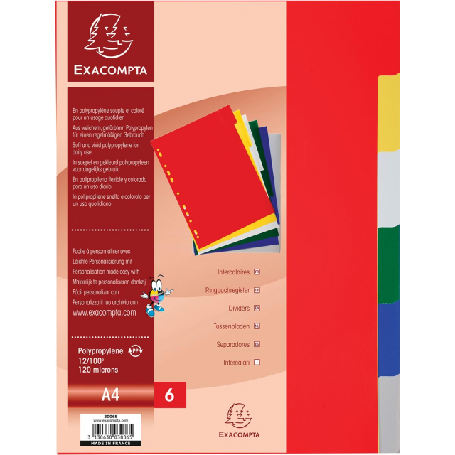 Dividers - Plastic Dividers Coloured A4 - (Exacompta) - By 6