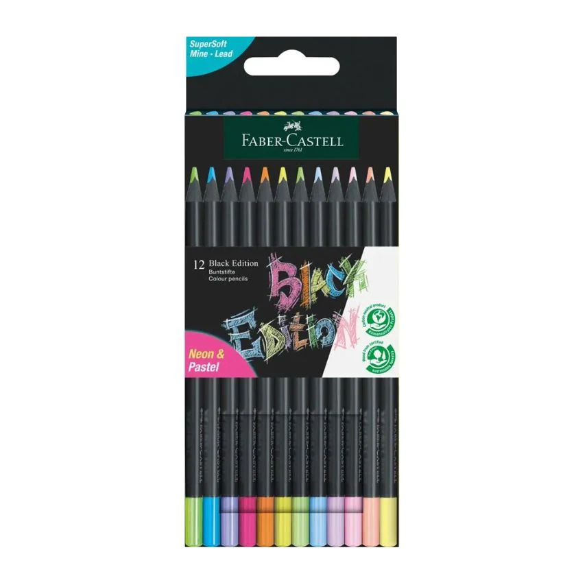 Colouring Pencils - Colouring Pencils Pack of 12 Neon & Pastels Black Edition - (Faber Castell)