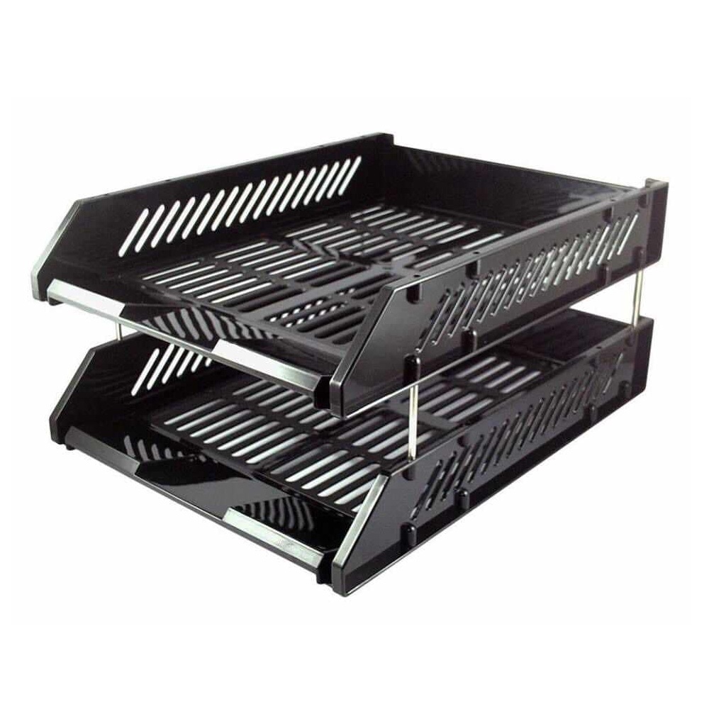 Paper Trays - 2 Black Plastic Stackable Desk Filing Letter Trays