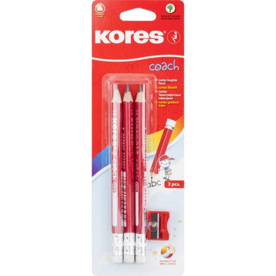Pencils - Pack of 3 triangular pencils & sharpener - (Kores)