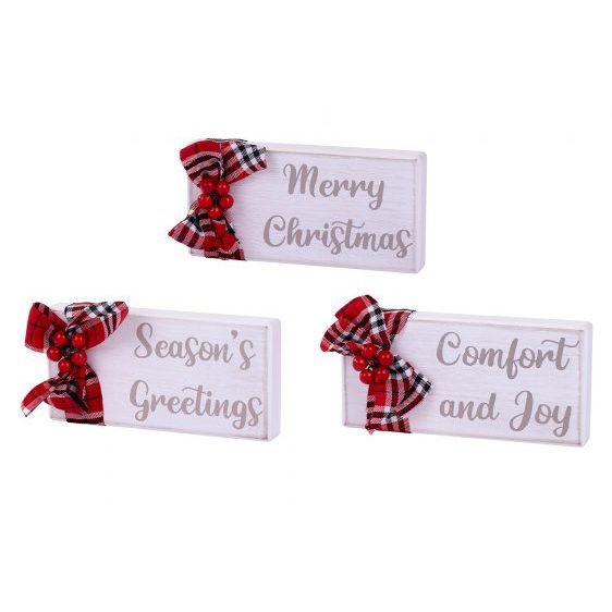 Decoration - Christmas Cut Out Wood Block with Fabric Bow - Merry Christmas