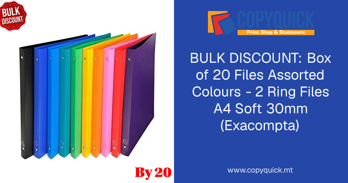 BULK DISCOUNT: Box of 20 Files Assorted Colours - 2 Ring Files A4 Soft ...