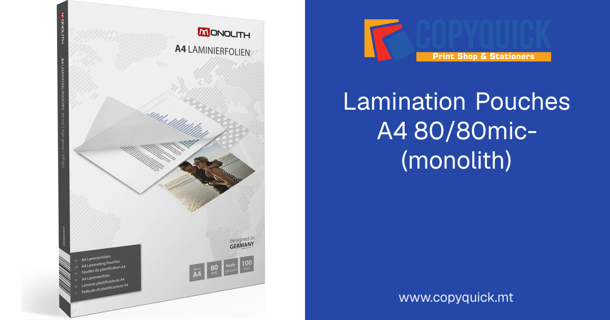 Lamination Pouches A4 80/80mic- (monolith) | CopyQuick