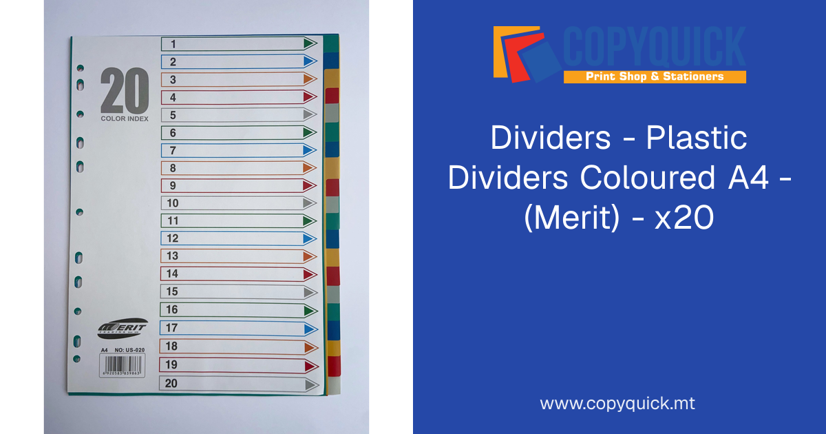 Dividers - Plastic Dividers Coloured A4 - (Merit) - x20 | CopyQuick