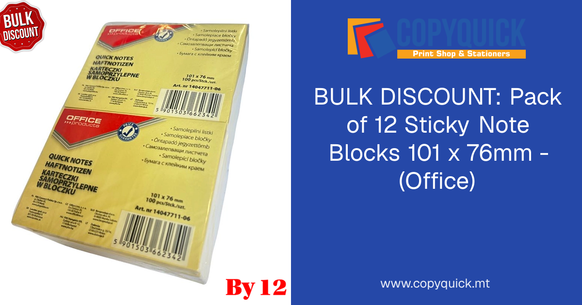 BULK DISCOUNT: Pack of 12 Sticky Note Blocks 101 x 76mm - (Office ...