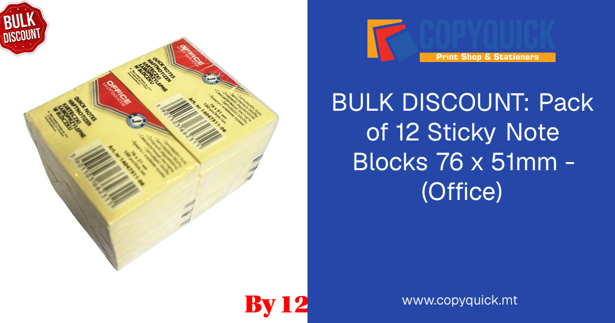 BULK DISCOUNT: Pack of 12 Sticky Note Blocks 76 x 51mm - (Office ...