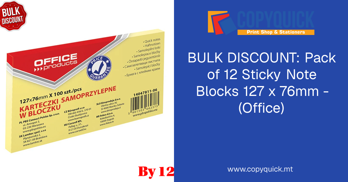 BULK DISCOUNT: Pack of 12 Sticky Note Blocks 127 x 76mm - (Office ...