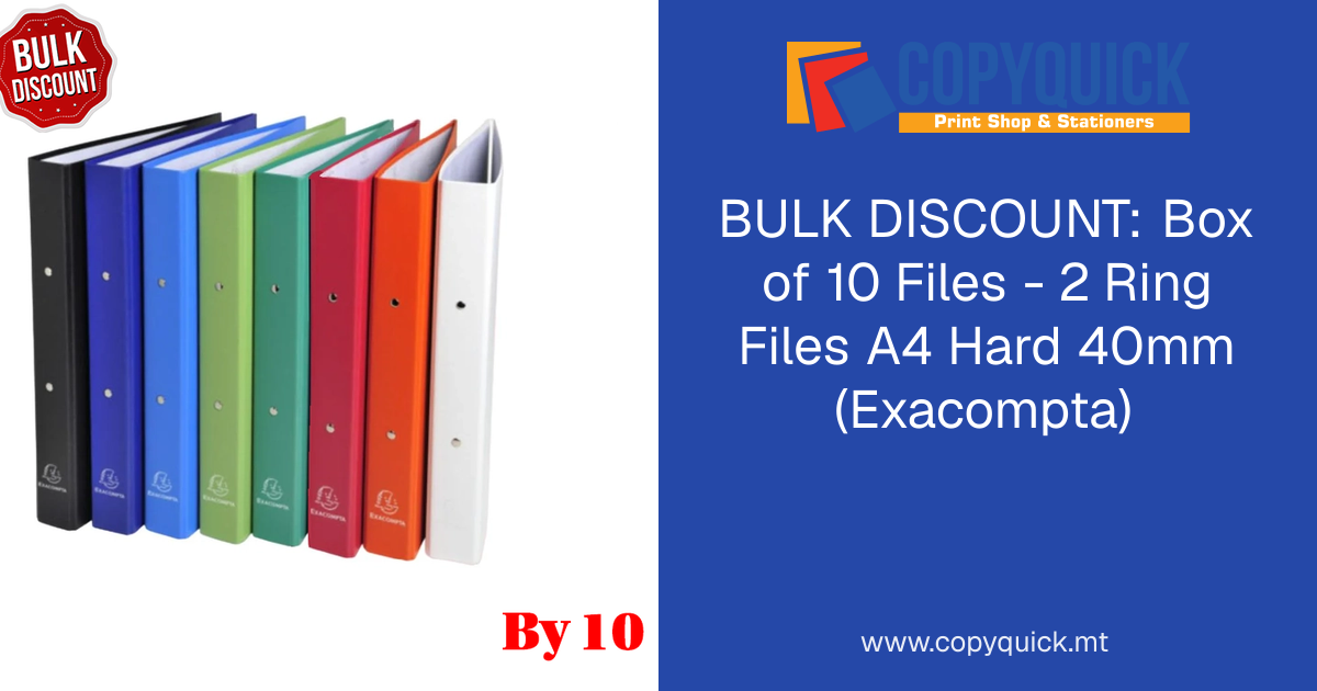 BULK DISCOUNT: Box of 10 Files - 2 Ring Files A4 Hard 40mm (Exacompta ...